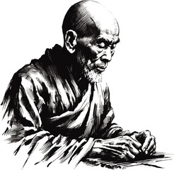 The Buddhist Way monk linework vintage ink sketch hand drawn pen drawing illustration background vector