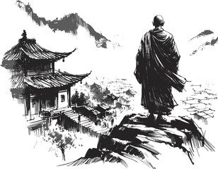 Peace Embodied monk linework vintage ink sketch hand drawn pen drawing illustration background vector