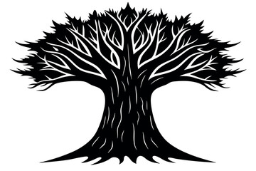 Vector art of a striking black silhouette of a majestic, ancient tree with sprawling branches and visible roots, isolated on a white background
