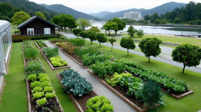Vibrant vegetable rows, fruit trees, and a charming log cabin create a serene organic farm oasis amid lush greenery and forest