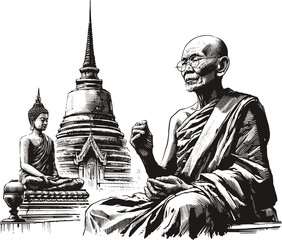 Buddha’s Legacy Thai monk linework vintage ink sketch hand drawn pen drawing illustration background vector