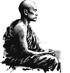 Alms & Enlightenment Thai monk linework vintage ink sketch hand drawn pen drawing illustration background vector