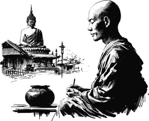 Golden Silence Thai monk linework vintage ink sketch hand drawn pen drawing illustration background vector