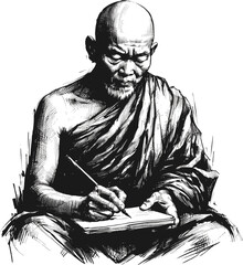 Thai monk linework vintage ink sketch hand drawn pen drawing illustration background vector
