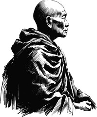 Guardians of Dharma Thai monk linework vintage ink sketch hand drawn pen drawing illustration background vector