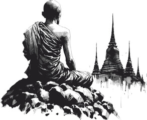 Temple Shadows Thai monk linework vintage ink sketch hand drawn pen drawing illustration background vector