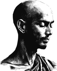 A Monk’s Reflection Thai monk linework vintage ink sketch hand drawn pen drawing illustration background vector