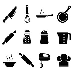 Kitchen and Cooking Icons &ndash; Knife, Whisk, Frying Pan, Rolling Pin, Salt and Pepper Shakers, Measuring Cup, Mixer, Chef Hat Vector Illustrations