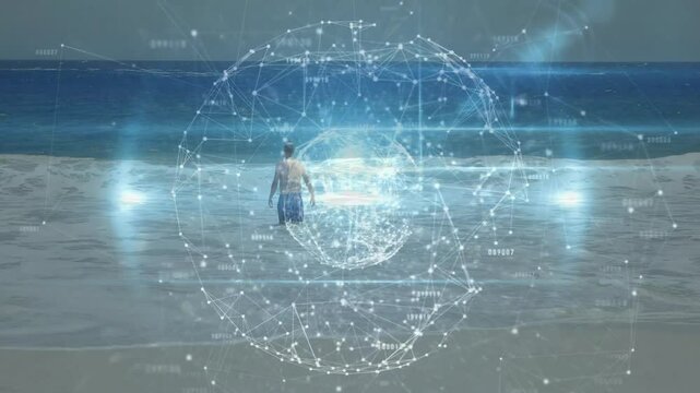 Senior man walking into waves lifting arms activating mesh data sphere around torso in tech demo