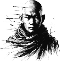 Walking with the Wind Thai monk linework vintage ink sketch hand drawn pen drawing illustration background vector