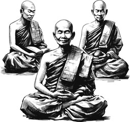 The Monk Who Smiled at the World Thai monk linework vintage ink sketch hand drawn pen drawing illustration background vector