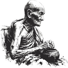 One Bowl, Infinite Blessings Thai monk linework vintage ink sketch hand drawn pen drawing illustration background vector