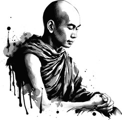 Eyes Closed, Soul Open Thai monk linework vintage ink sketch hand drawn pen drawing illustration background vector