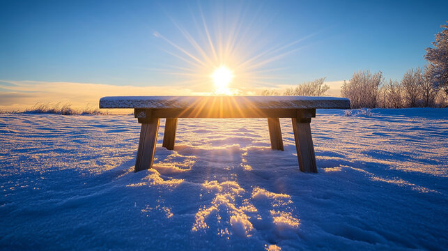 Winter sunset landscape view of a lonely wooden bench on a pier near the ocean water - Powered by Adobe