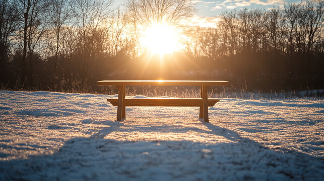 A wooden park bench sits covered in white snow under a cold winter sky amidst a peaceful nature landscape of frosted trees - Powered by Adobe