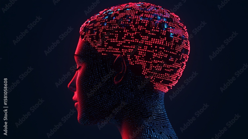Poster a digital human head silhouette illuminated by glowing red and blue data points, representing artifi