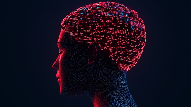A digital human head silhouette illuminated by glowing red and blue data points, representing artificial intelligence and neural networks.