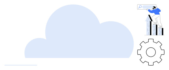 Large cloud, person standing on bar graph looking through search tool, gear icon for settings. Ideal for data storage, digital growth, efficiency, analytics, scalability, settings simple flat