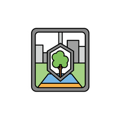 Urban landscape illustration with tree and city skyline in background  