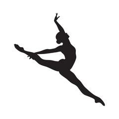 Graceful dancer performing a split leap in silhouette isolated on white background
