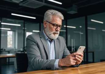 Distinguished senior businessman with a grey beard and glasses intently using his smartphone in a modern office setting