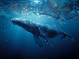 Fototapeta premium A majestic whale swims gracefully through the deep blue ocean, an ironic contrast to the plastic debris floating ominously above, symbolizing the urgent global crisis of marine pollution