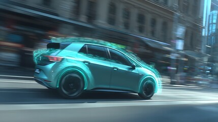 Electric Car Moving Fast on City Street