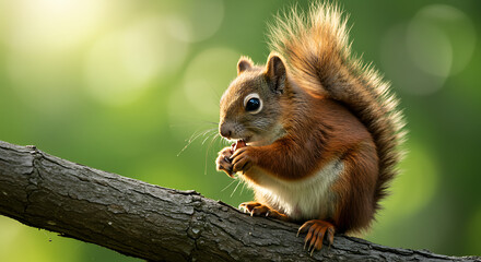 Cute red squirrel sits on the tree