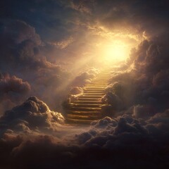 A glowing golden staircase ascends into radiant clouds, bathed in divine light, symbolizing the path to heaven in a surreal, peaceful scene.