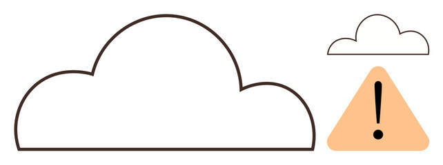 Large cloud, smaller cloud, and orange warning sign with exclamation mark indicating alerts. Ideal for technology, data safety, weather warning, risk management, storage issues, hazard simple flat