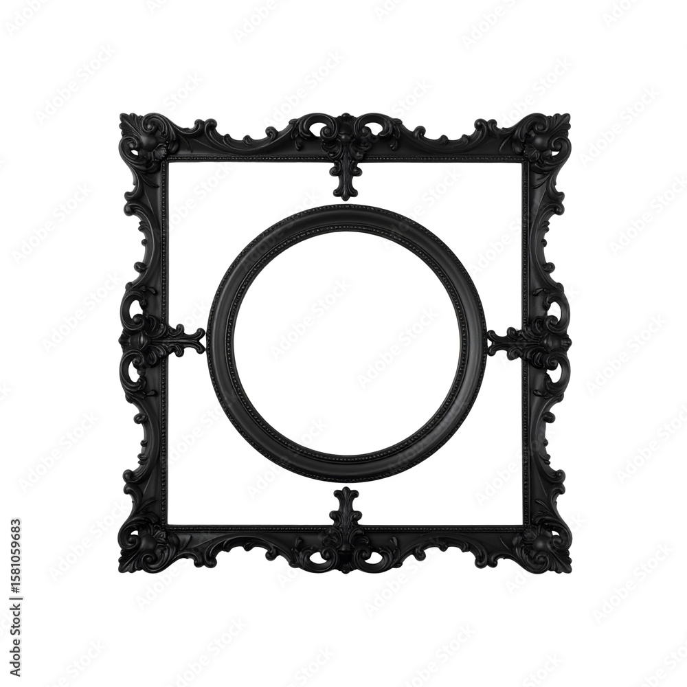 Poster elegant black ornate frame with round inner frame art on transparent background
