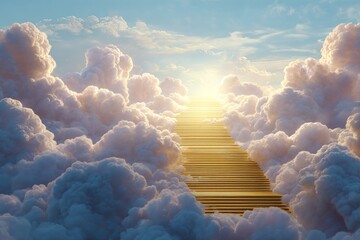 A glowing golden staircase ascends into radiant clouds, bathed in divine light, symbolizing the path to heaven in a surreal, peaceful scene.