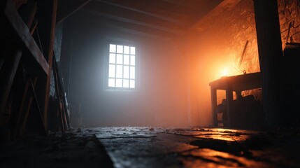 Dimly lit room with a glowing table lamp illuminating a dusty floor and window