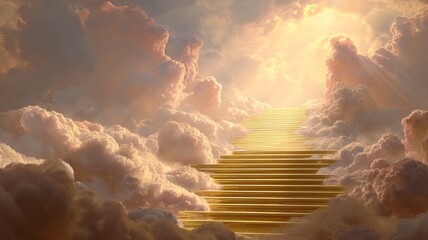 A glowing golden staircase ascends into radiant clouds, bathed in divine light, symbolizing the path to heaven in a surreal, peaceful scene.