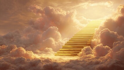 A glowing golden staircase ascends into radiant clouds, bathed in divine light, symbolizing the path to heaven in a surreal, peaceful scene.