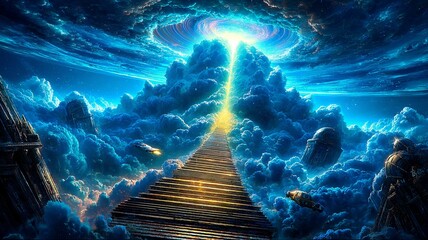 A glowing golden staircase ascends into radiant clouds, bathed in divine light, symbolizing the path to heaven in a surreal, peaceful scene.