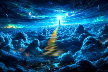 A glowing golden staircase ascends into radiant clouds, bathed in divine light, symbolizing the path to heaven in a surreal, peaceful scene.