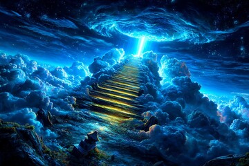 A glowing golden staircase ascends into radiant clouds, bathed in divine light, symbolizing the path to heaven in a surreal, peaceful scene.