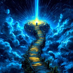 A glowing golden staircase ascends into radiant clouds, bathed in divine light, symbolizing the path to heaven in a surreal, peaceful scene.
