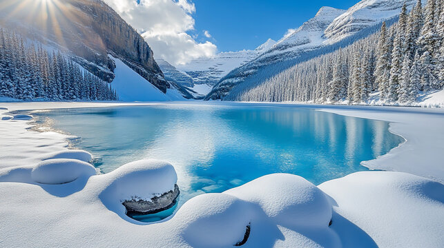 Scenic winter nature panorama of a snow-covered mountain peak reflecting in the blue lake water