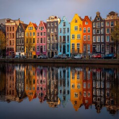 Obraz premium Vibrant row of colorful houses reflected in calm water.