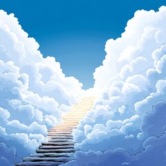 A glowing golden staircase ascends into radiant clouds, bathed in divine light, symbolizing the path to heaven in a surreal, peaceful scene.
