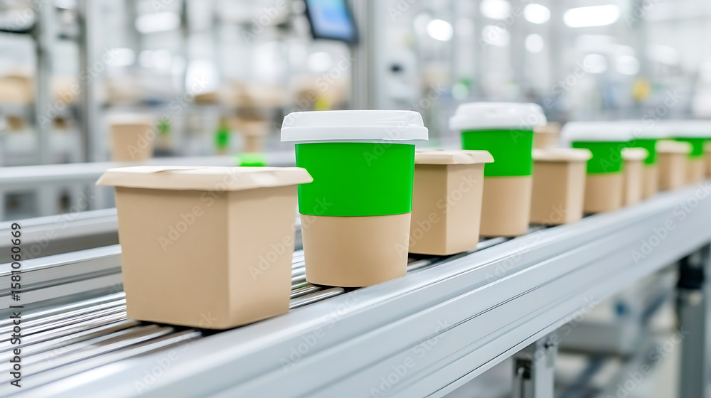 Poster containers on a conveyor belt in a factory setting. packaging for takeout items like food and drink 