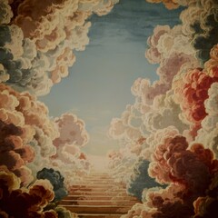 A glowing golden staircase ascends into radiant clouds, bathed in divine light, symbolizing the path to heaven in a surreal, peaceful scene.