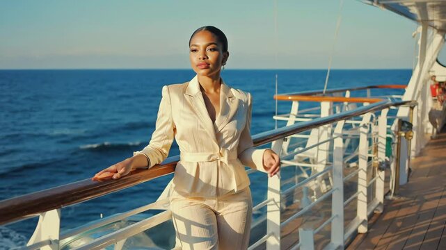 Elegant woman on cruise ship deck
