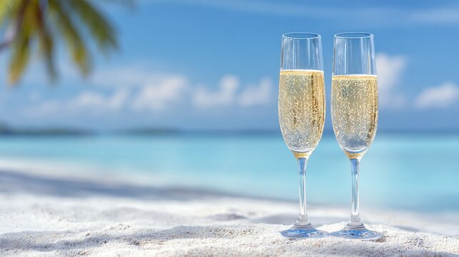 Beach Celebration: Two glasses of champagne toast on a serene white sand beach under a clear blue sky. Perfect for vacation or getaway.