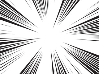 Radial lines comic background. Abstract speed explosion starburst flash backdrop. Sun rays black and white backdrop. Vector Illustration. 