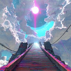 A glowing golden staircase ascends into radiant clouds, bathed in divine light, symbolizing the path to heaven in a surreal, peaceful scene.