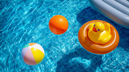 Top view of a vibrant pool scene with colorful inflatable toys,