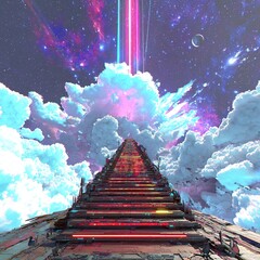 A glowing golden staircase ascends into radiant clouds, bathed in divine light, symbolizing the path to heaven in a surreal, peaceful scene.